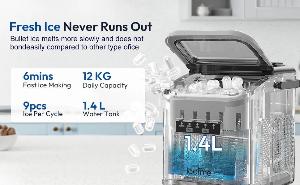 Loefme Electric Ice Maker Professional Ice Cube Maker Portable Automatic Cleaning Bullet Round Ice Block Making Machine Home Bar