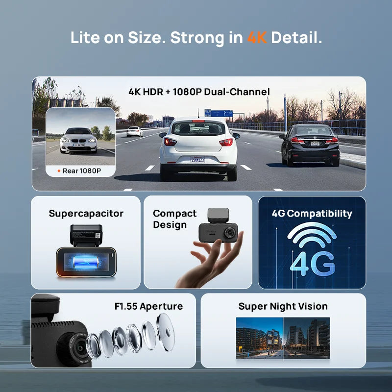 70mai Dash Cam A810 Lite 4K HDR + 1080P, Supercapacitor 4G LTE Remote Control Wi-Fi 6 GPS Voice Control Car DVR 70mai A810 Lite
