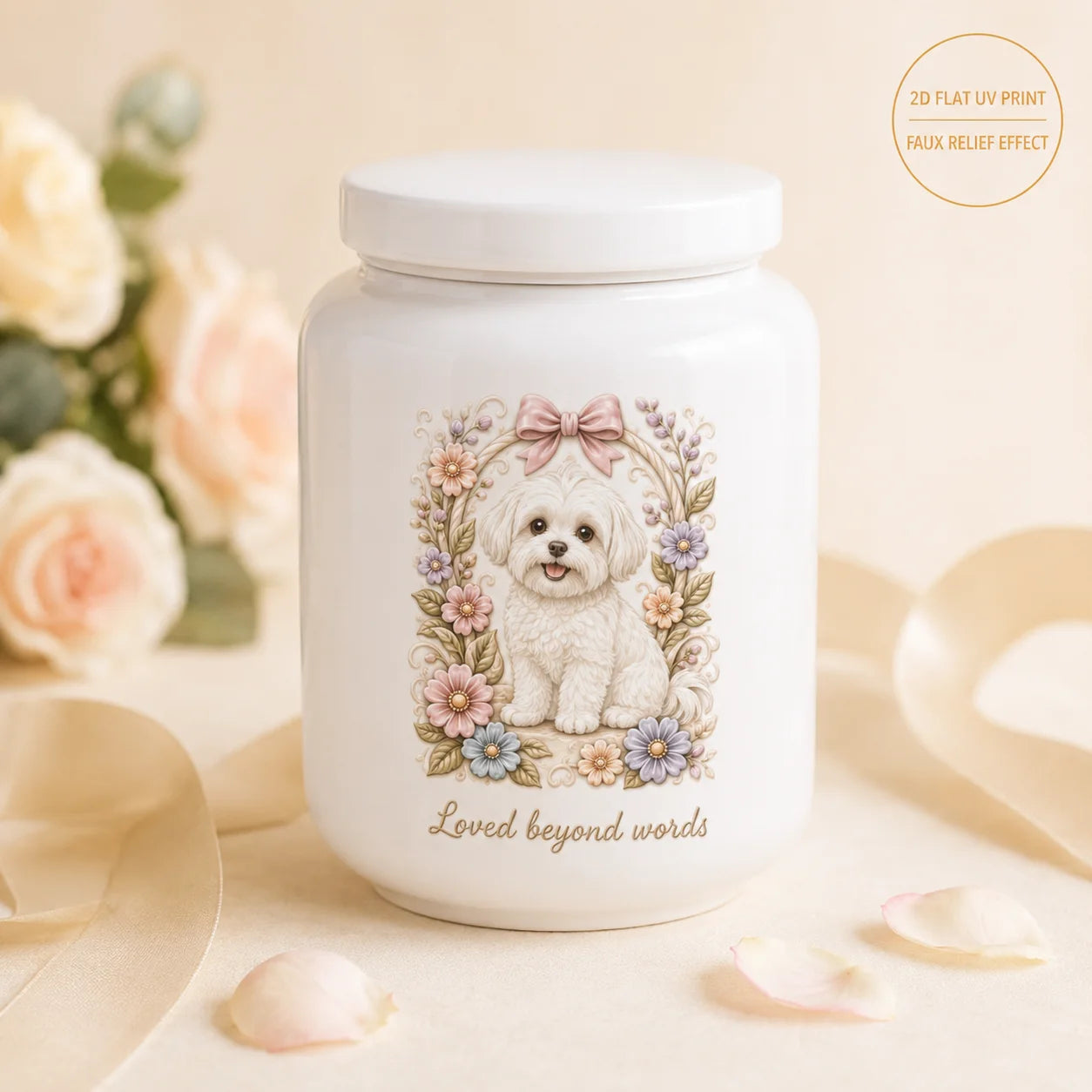 Custom Pet Memorial Ashes Urn with AI Generated Photo Ceramic Relief | Personalize with Name Or Memorial Message | 2D Printed No
