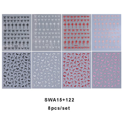 4/8pcs Bowknot Ribbon Nail Stickers Mini Kawaii Lace Bow Tie Design Self-Adhesive Nail Art Decals DIY Manicure Supplies Decor
