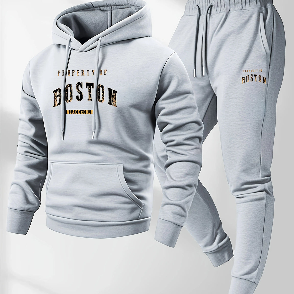 Men's Boston print hooded sweatshirt and sweatpants soft and comfortable thin velvet warm sweatpants set autumn and winter