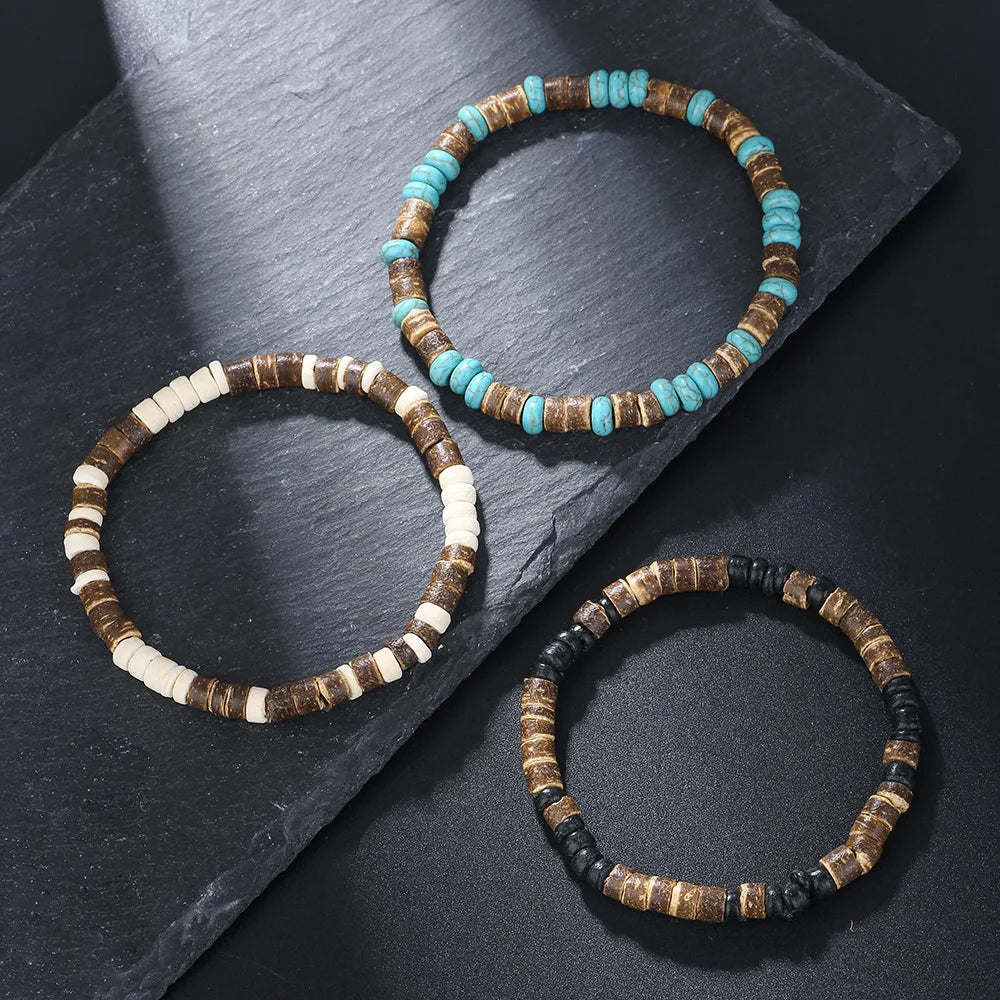 Coconut Wood Beaded Bracelet Eiastic Turquoise Stone Bead Bracelets for Men and Women Handmade Stacking Wooden Stretch Bracelets
