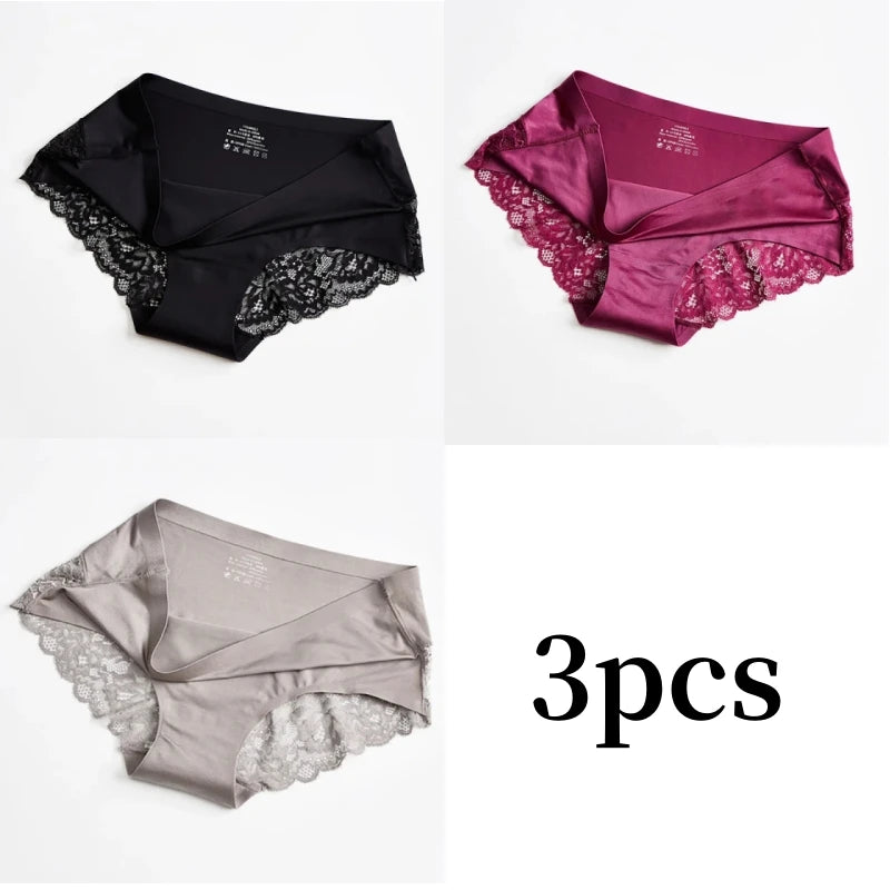 3pcs Lace Women's Panties French Seamless Underwear Female Ice Silk Briefs Solid Color Breathable Underpants Lingerie