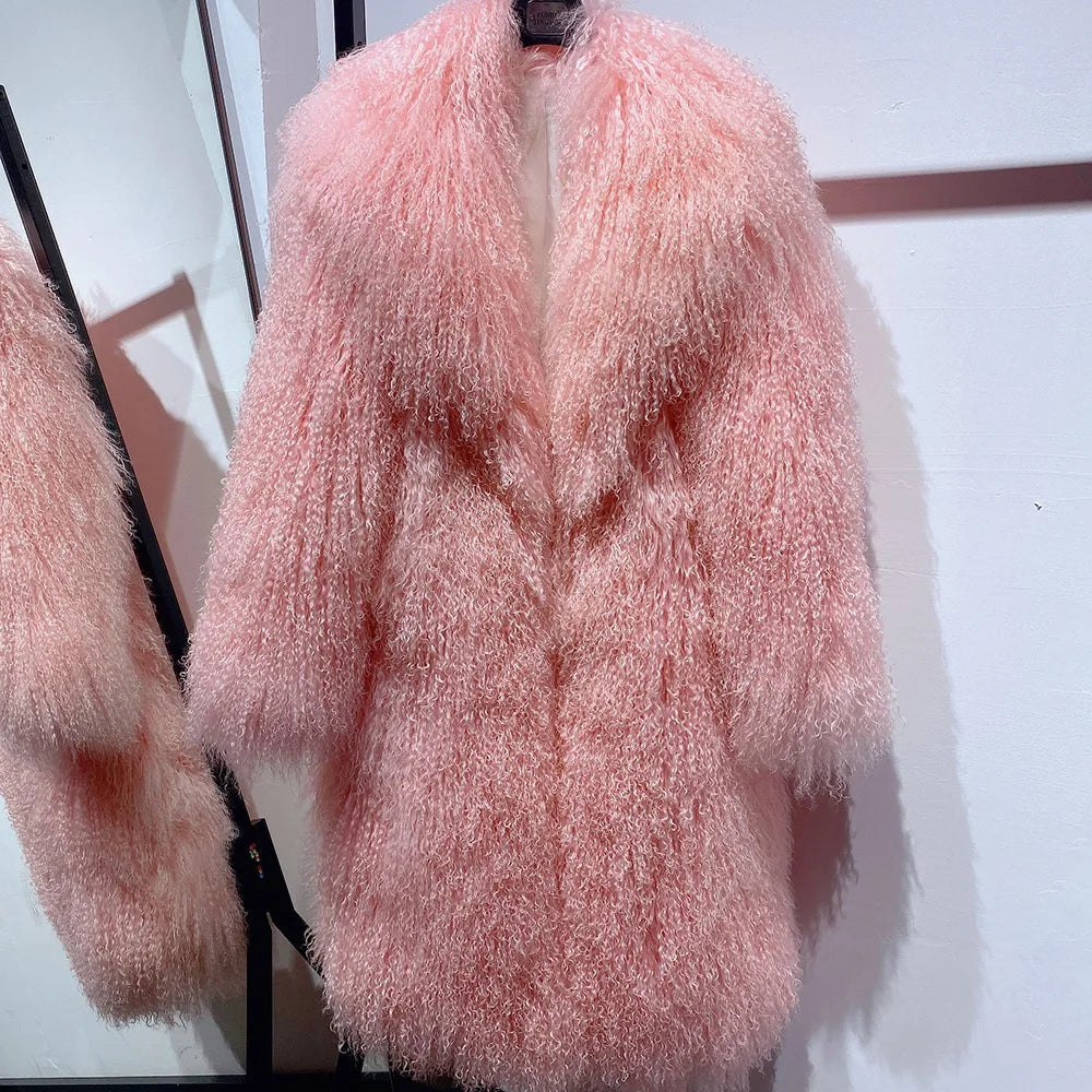 Mongolia Sheep Fur New Brand Real Fur Long Genuine Fur Coat Mongolia Sheep Fur Long Sleeves Women's Warm Jacket
