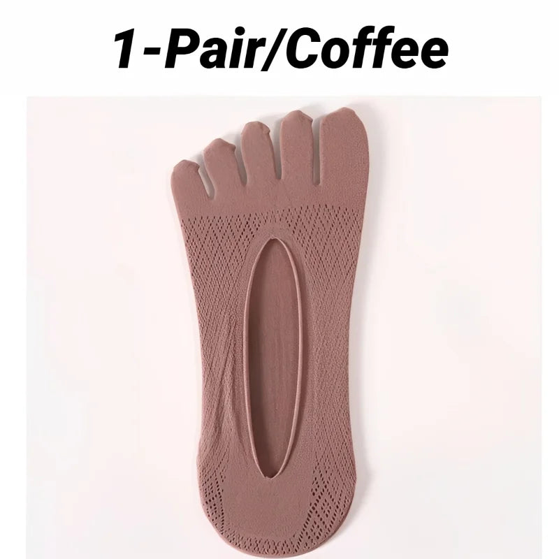 1/5 Pairs Summer Men's Invisible No Show Five Finger Socks Thin Velvet Non-Slip Mesh Breathable Elastic Solid Silk Soft