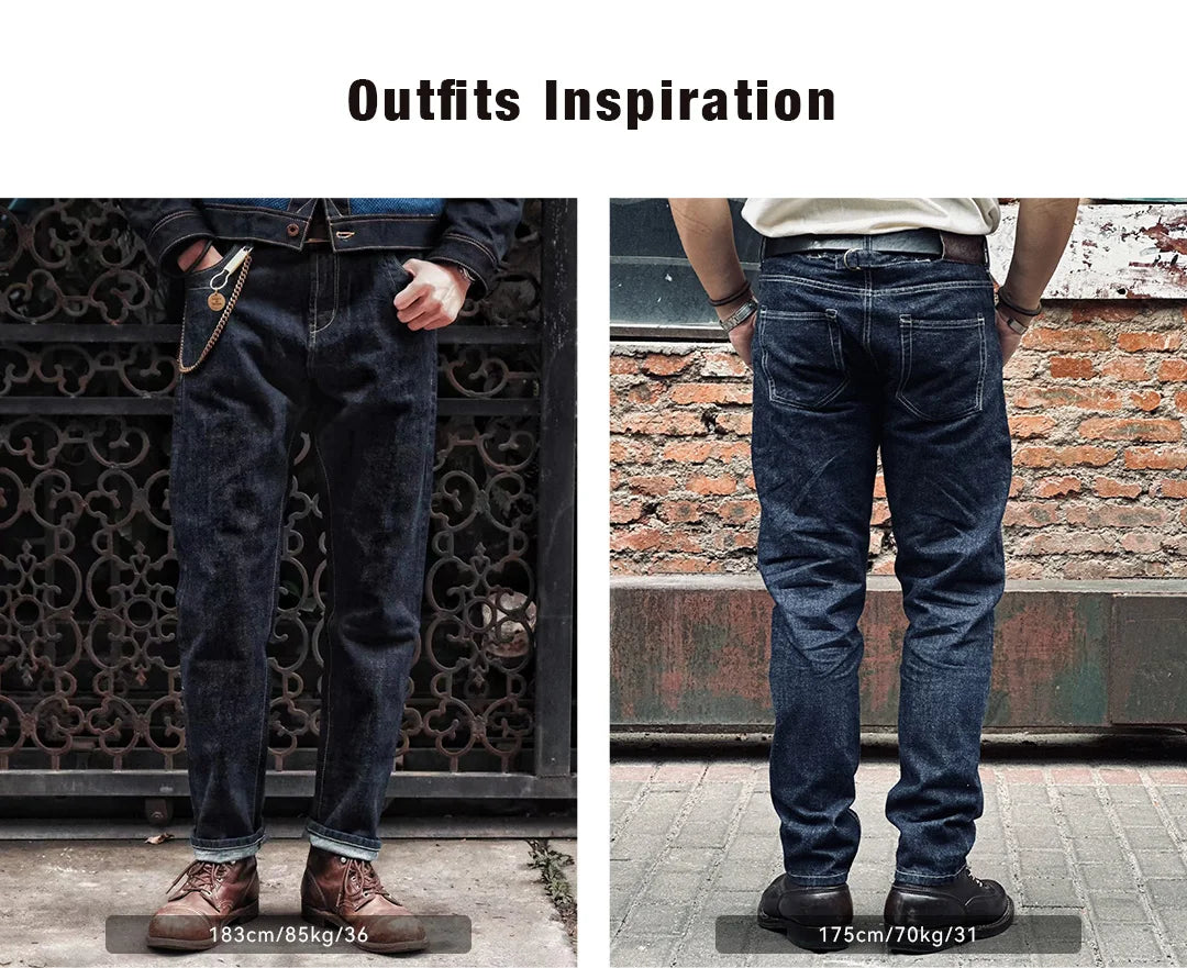 Maden Vintage Raw Denim Jeans for Men 14.8 OZ Jeans Denim Washed Straight Tapered Fit Pants Mid Waist Casual Trousers