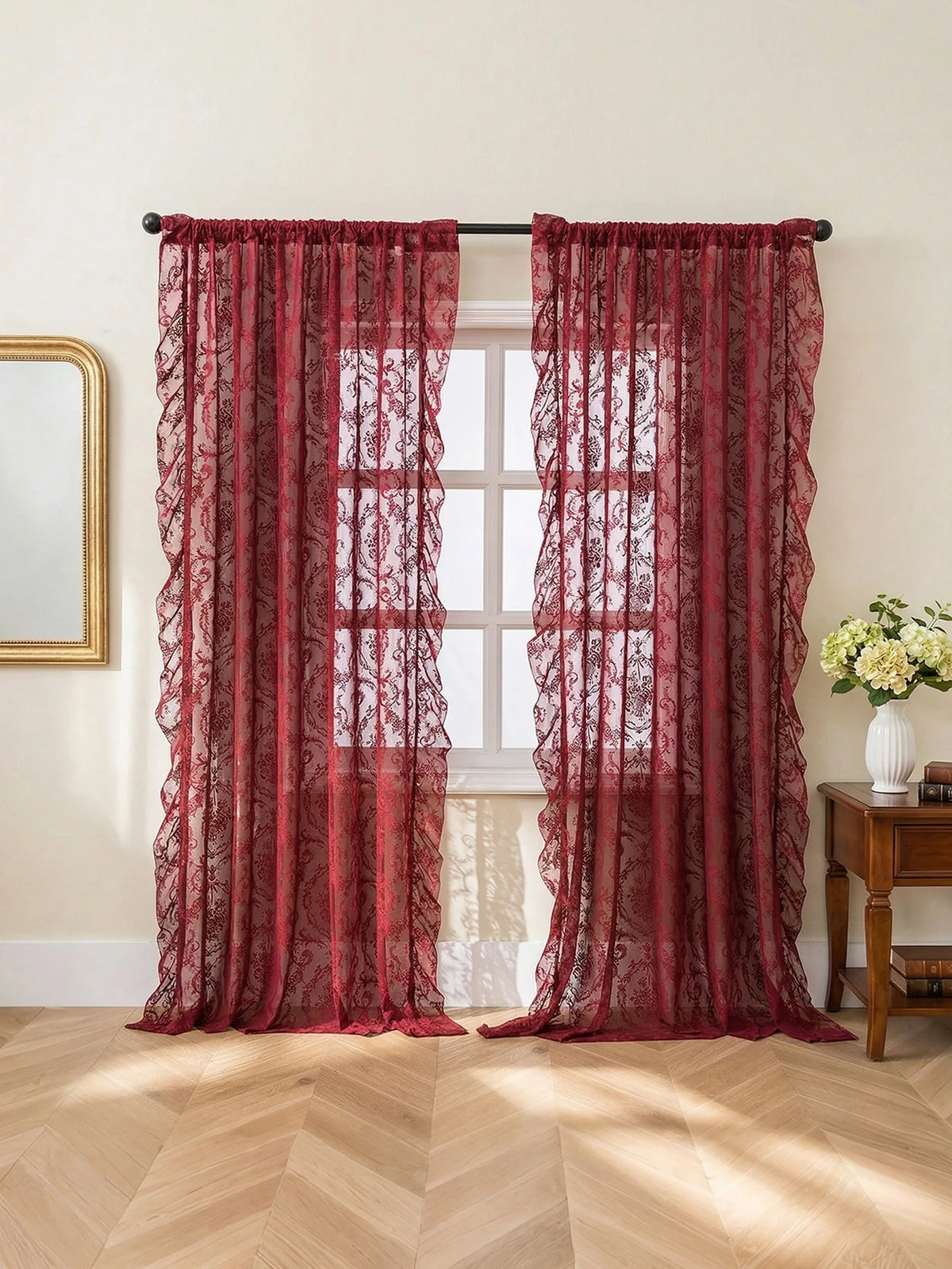 Vintage Burgundy Lace Sheer Curtains, Rod Pocket Ruffled Lace Window Curtains for Living Room Bedroom