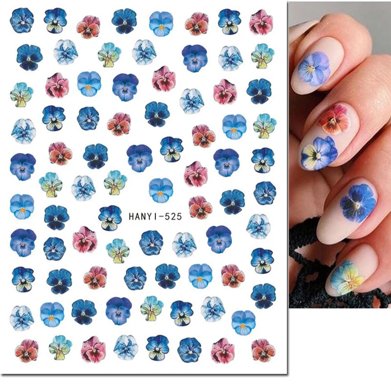 3d Nail Art Decals Elegant White RoyalBlue Roses Flowers Adhesive Sliders Nail Stickers Decoration For Nail Manicure