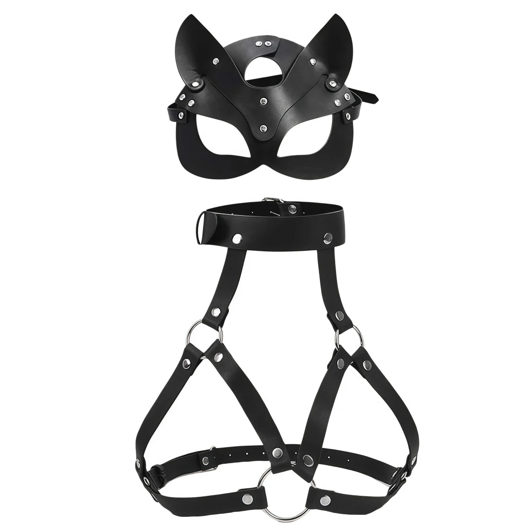 Leather Cat Mask & Body Harness Set Women Erotic Bondage BDSM Fetish Lingerie Gothic Masquerade Cosplay Accessories