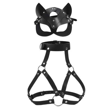 Leather Cat Mask & Body Harness Set Women Erotic Bondage BDSM Fetish Lingerie Gothic Masquerade Cosplay Accessories