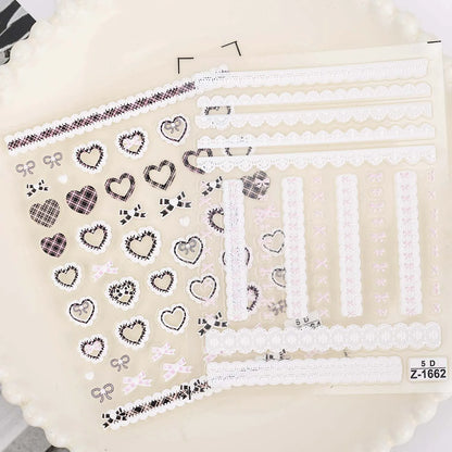 Sweet Bowknot Black Lace Heart Nail Stickers 3D Self Adhesive Nail Art Stickers Japanese Cool Girls Manicure Decorations Decals