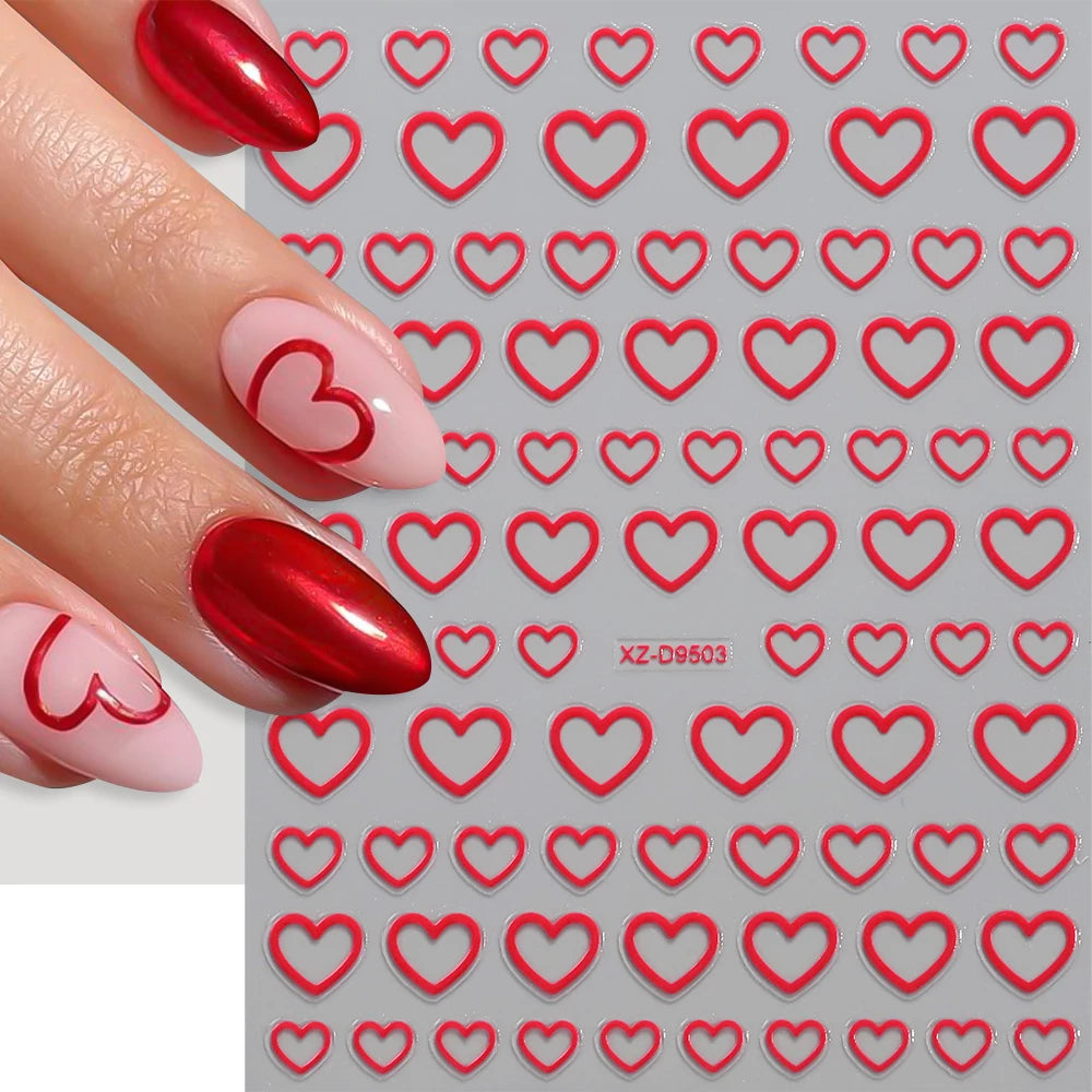 8pcs/set Mini Red Heart Valentines Nail Stickers Irregular Love Stripe Gold/Silver Nail Decals Sliders Laser Shiny Manicure Acce