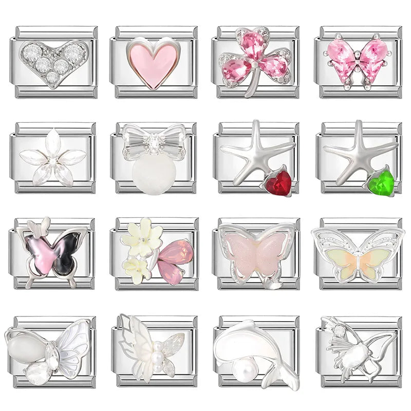 New Shiny Zircon Heart Butterfly Flower Star Bow Italian Charm Links Fit 9MM Stainless Steel Bracelet Girls' DIY Making Gift