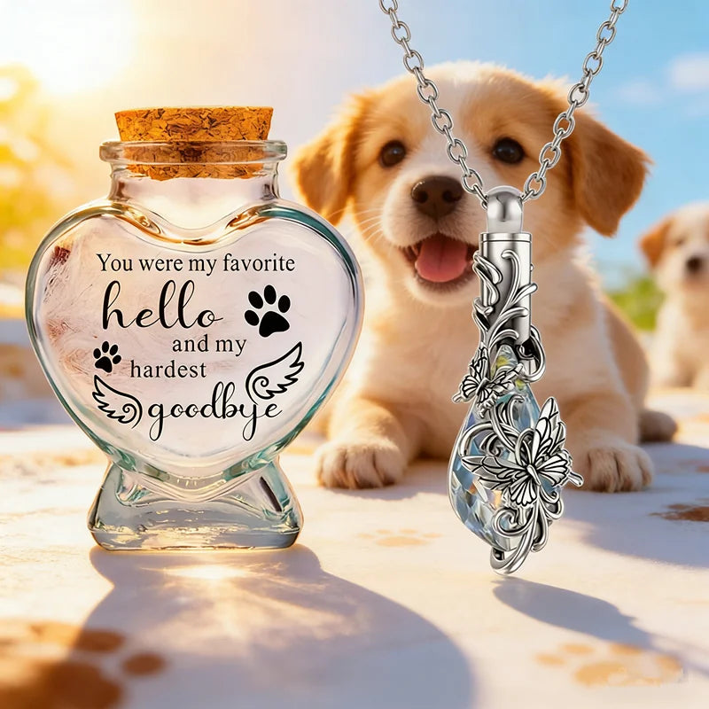 2 PCS Pet Mini Commemorative Urn, Sand Souvenir Sar, Heart-Shaped Glass Urn With Urn Necklace Set
