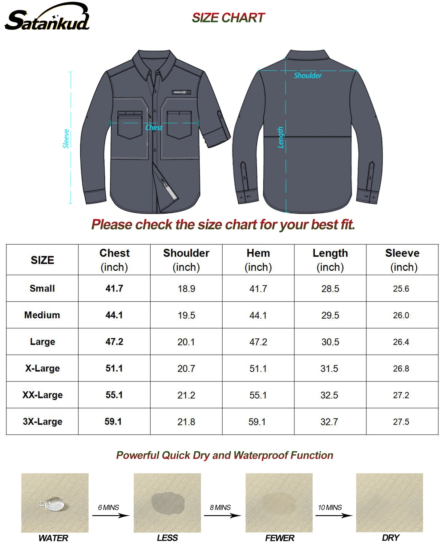 Men's Long Sleeve Fishing Shirts UPF 50+ Sun Protection Breathable Lightweight Travel Work Button Down Shirt with Zipper Pocket