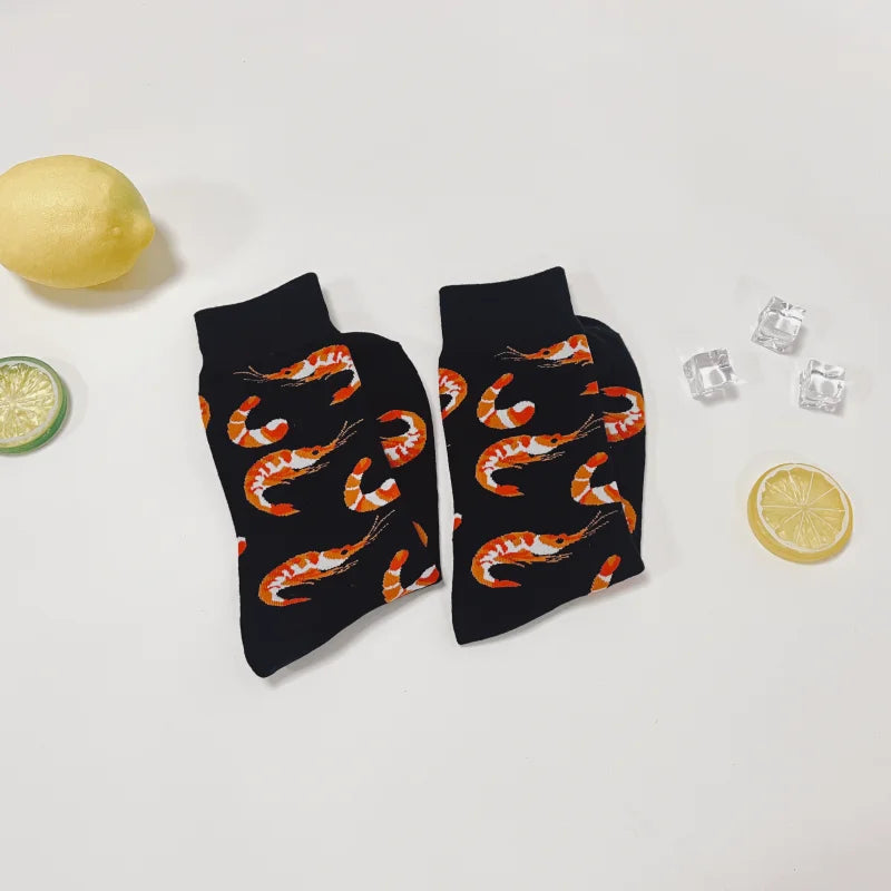 1 Pair Creative Shrimp Pattern，Casual Comfy Soft Mid-calf Men's Socks For Daily