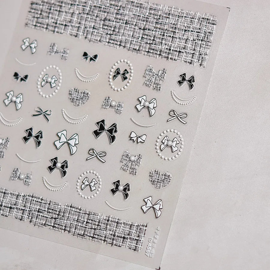 1pcs 5D Diamond Japanese White Lace Bow Nail Art Stickers Pearl Rhinestones Nail Decoration Adhesive Decals Slider DIY Accessory