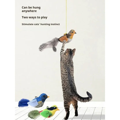 Bird Sound Cat Toy Brown Green Blue Color Options and Combination Set Plush Feather Hanging Teaser for Indoor Cats Chasing Play