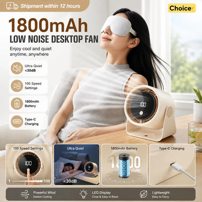 Desktop Fan Low-noise and Silent 100-speed Adjustable LED Display, Large-capacity Mini Desktop Wall-mounted Fan 1800mah