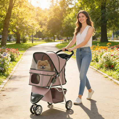 Dog Stroller Foldable Pet Stroller with Adjustable Canopy, Breathable Mesh Windows, Storage Basket, Cup Holder and Rear Brake, Lightweight Travel Carrier Pushchair for Small Dogs, Cats and Mini Breeds, Coffee