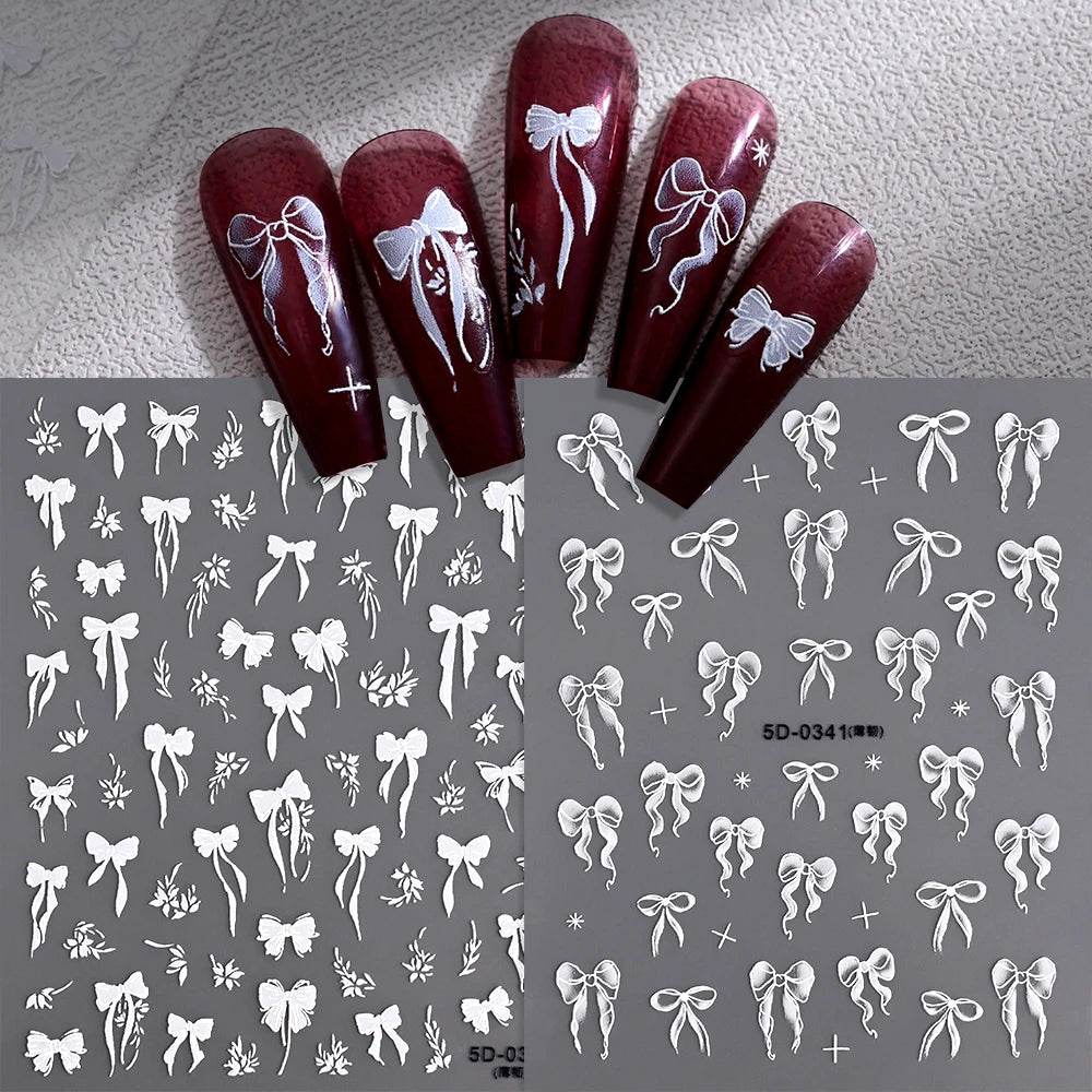 1pcs 5D White Lace Bowknot Nail Art Sticker Sweet Pearl  Bow Ribbon Self-Adhesive Nail Slider DIY Luxury Nail Decorations Decals