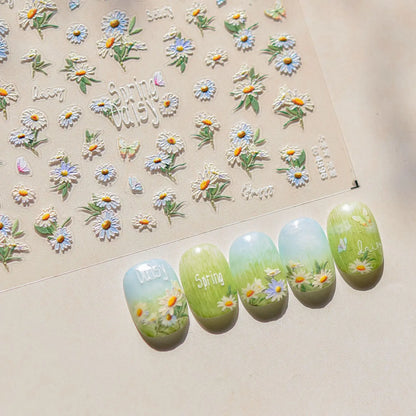 1Sheet 5D Soft Embossed Relief Nail Stickers Cute Daisies Self Adhesive Slider Stickers Press On Nails DIY Japanese Nail Art Dec