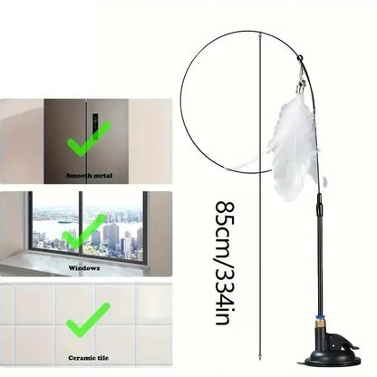 Cat Teaser Toy Cat Teaser Pole With Feather Bell Extended Rod Suction Cup Durable Bite Teaser Stick Replaceable Feather Head
