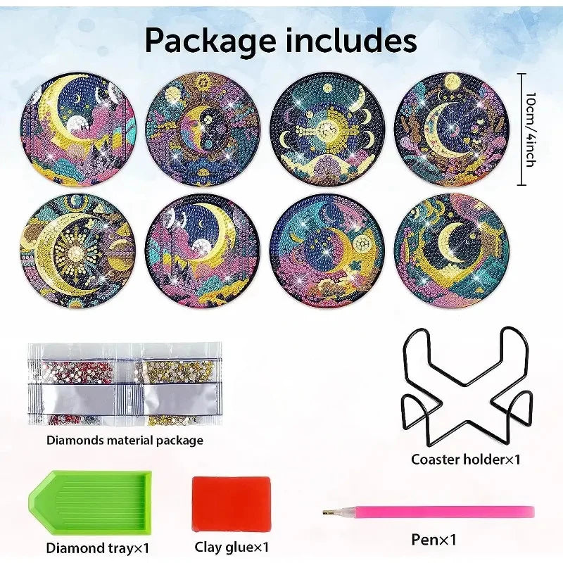 8pcs/Set DIY Diamond Painting Coasters with Holder Anti Slip Wood Drip Mats Crystal Rhinestones Diamond Art Coasters for Adults