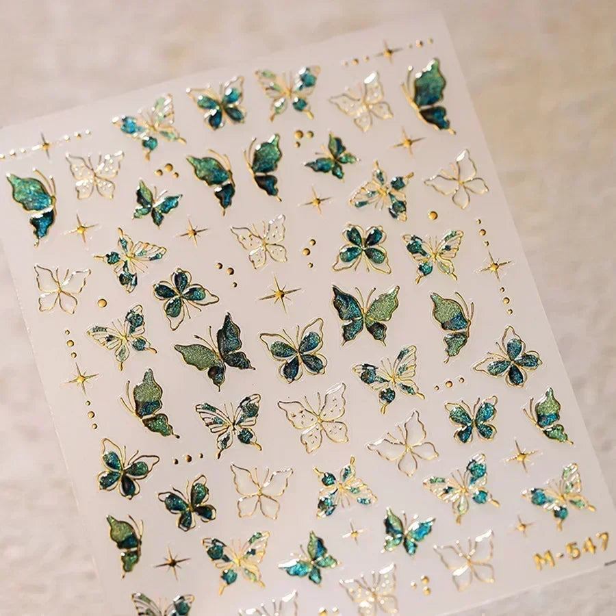 Shiny Jelly Butterfly Charming Golden Gradient Bowknot 5D Self Adhesive Nail Art Sticker Flower Petal Rhinestone Manicure Decals