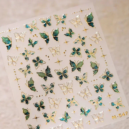 Shiny Jelly Butterfly Charming Golden Gradient Bowknot 5D Self Adhesive Nail Art Sticker Flower Petal Rhinestone Manicure Decals