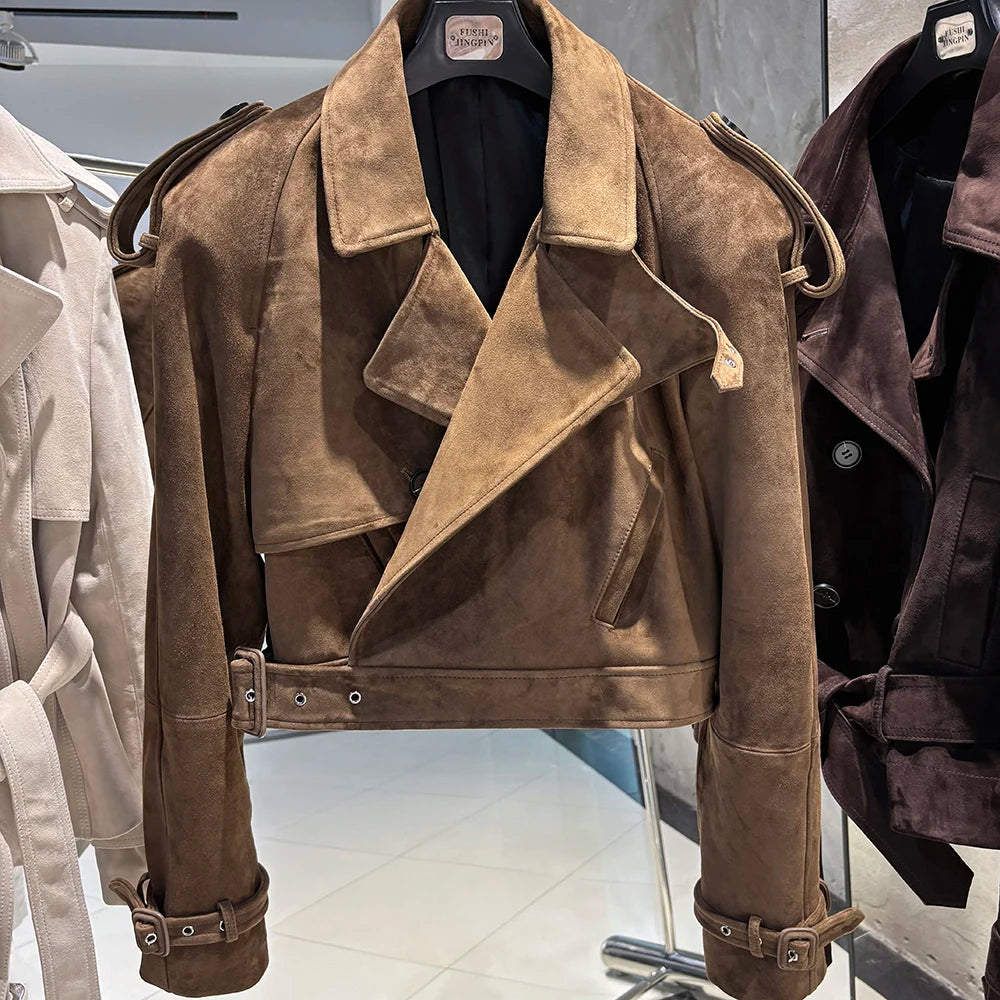 YOLOAgain Wide Shoulder Real Leather Jacket Women Oversized Genuine Leather Cropped Jacket