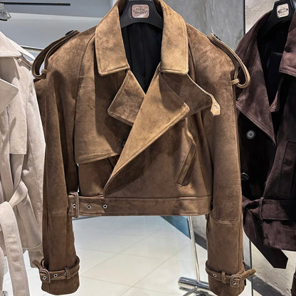 YOLOAgain Wide Shoulder Real Leather Jacket Women Oversized Genuine Leather Cropped Jacket
