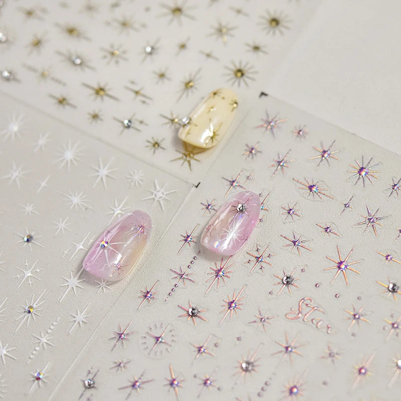 Gold Silver Starlight Laser Pink Colorful Glitter Star Bronzing Rhinestones Relief Nail Art Decorations Stickers Manicure Decals