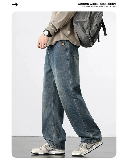 Spring Autumn American Retro Straight Jeans Men Streetwear Korean Fashion Loose Baggy Wide Leg Denim Pants Male Casual Trousers