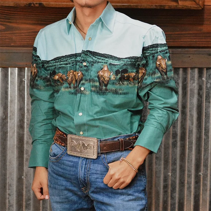 2024 Men's Long Sleeve Western Denim Shirt, Outdoor Casual Party, HD Pattern, Soft and Comfortable Button Lapel T-shir