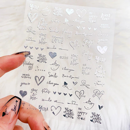 6Pcs/Pack Laser Gold Silver 3D Nail Art Stickers Love Heart Letter Image Nail Decoration Ins Style Sticker DIY Foils Accessories
