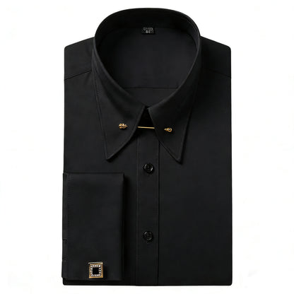 Embroidered French Cufflinks Men's Long-Sleeve Shirt with Collar Pins, Big Collar Dress Shirt for Business Formal Wear, Gentlema