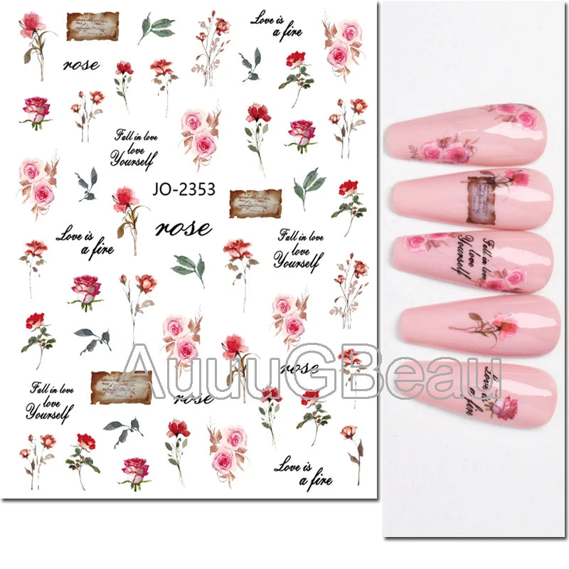 3d Nails Art Decals Spring Fruits Pink Full Tips Peony Magnolia Flowers Adhesive Sliders Stickers Decoration For Nails Manicure