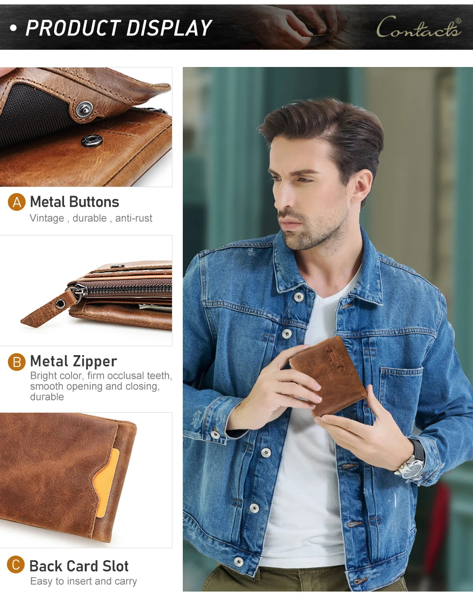 CONTACT'S Genuine Leather Short Wallets for Men Trifold Card Holder Money Clip Coin Purse Male Pocket Wallets Men's Purse Bags
