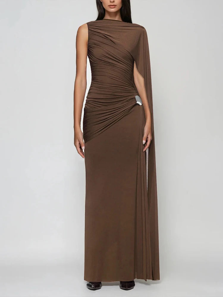 Weird Puss Elegant Party Dress Woman Ruched o-Neck Sleeveless Irregular Ribbon Metal Trim Classic Chic Birthday Banquet Vestidos