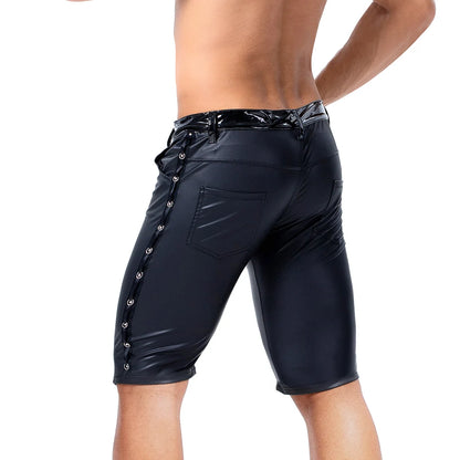 Mens Faux Leather Shorts Pants Patchwork Side Button Pocket Casual Pencil Trousers Party Clubwear Stage Pants Streetwear 2XL