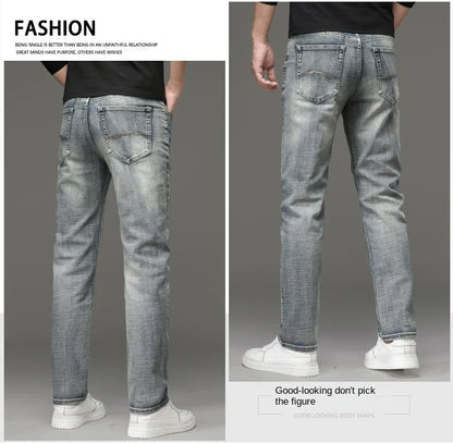 High-end Light Luxury Brand Jeans Men's Retro Slim Fit Straight Versatile Casual Gray Trousers Autumn and Winter Thick Jeans
