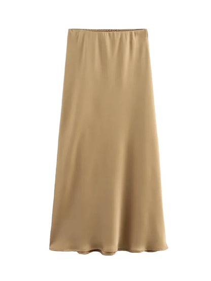Willshela 2024 Black Satin Skirt Woman High Waist Elegant Long Skirts For Women Fashion Summer Midi Skirt Office Women's Skirts