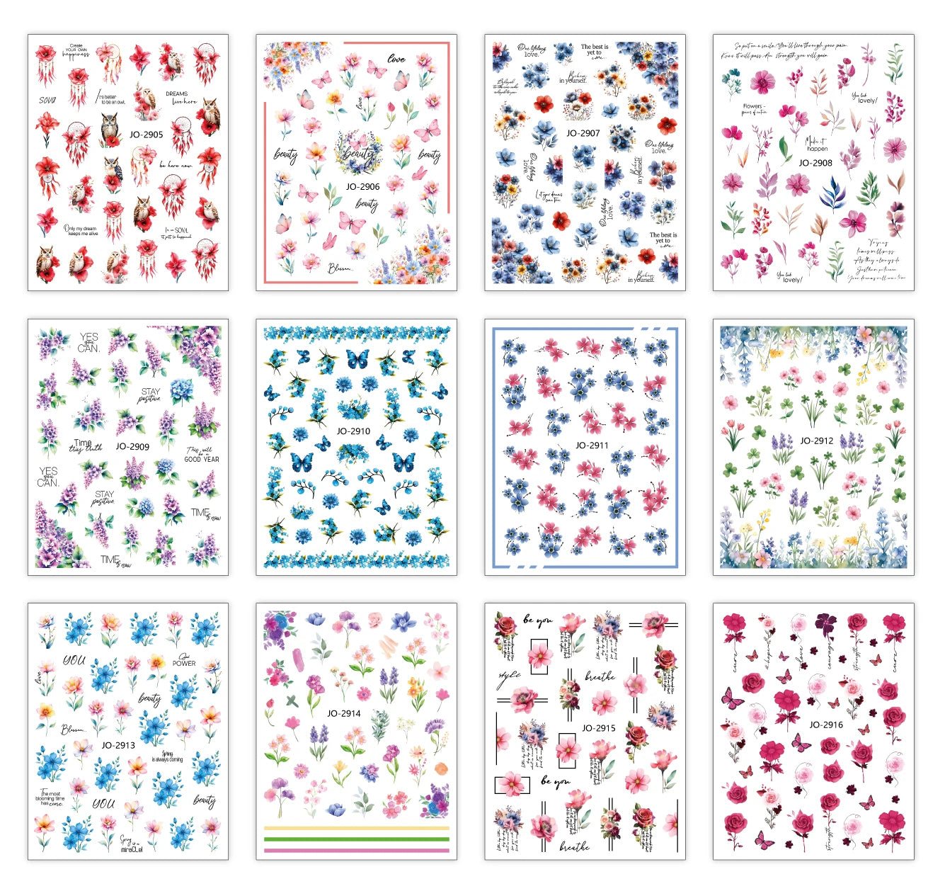 3d Nail Art Decals Spring Booming Violets Lavenders Purple Blue Pink Flowers Butterflys Stickers Decoration For Nail Tips Beauty