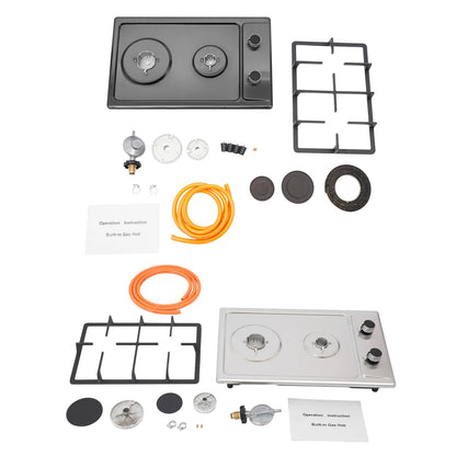 2-Burner Stainless Steel Gas Hob 3KW+1.75KW Portable Gas Stove Countertop/Flush Mounted 51*31*10cm