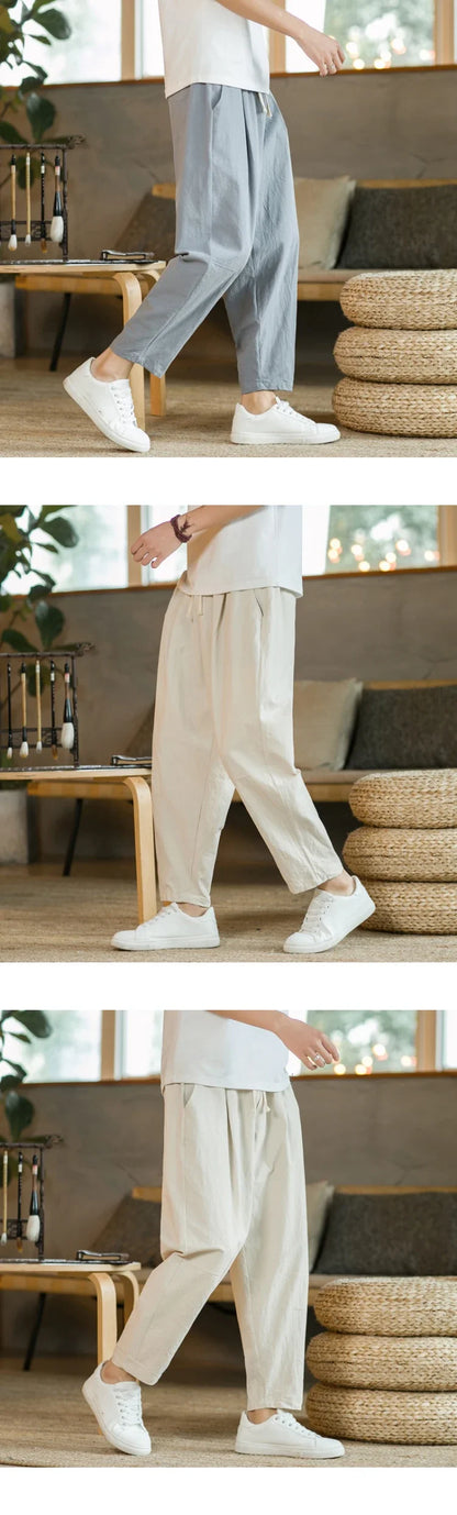 Streetwear Men Cotton Trousers Casual Solid Color Long Pants Breathable Drawstring Straight Pants Harem Pants Men Baggy Pants
