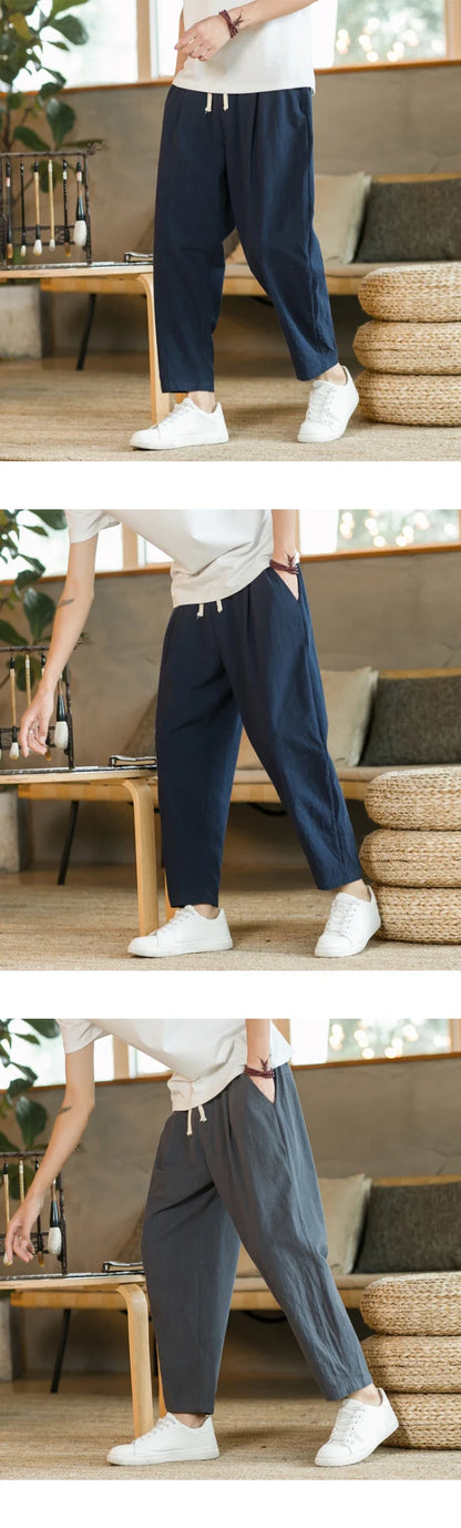 Streetwear Men Cotton Trousers Casual Solid Color Long Pants Breathable Drawstring Straight Pants Harem Pants Men Baggy Pants