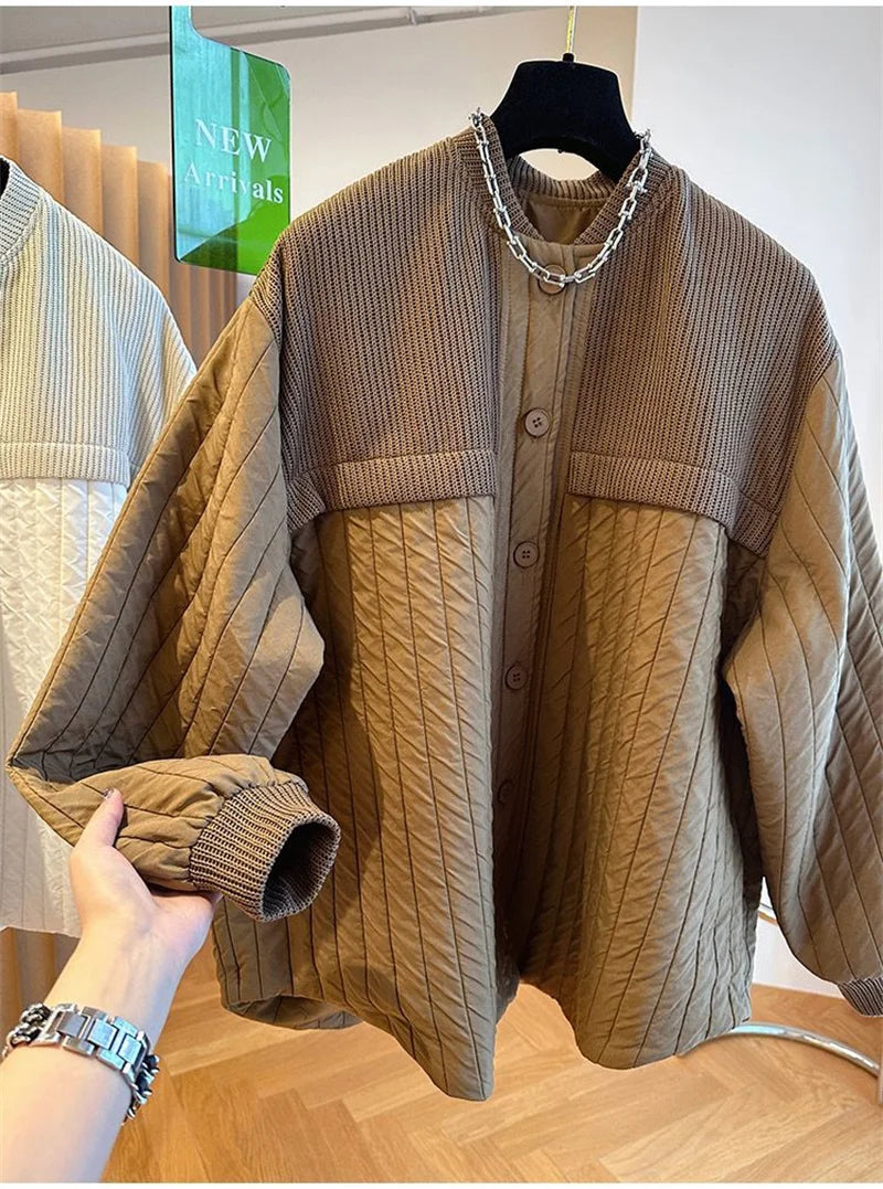 Women Autumn Advanced Design Sense, Niche Loose Casual Knit Stitching, Striped Cotton Coat Winter Light Thin Small Cotton Jacket