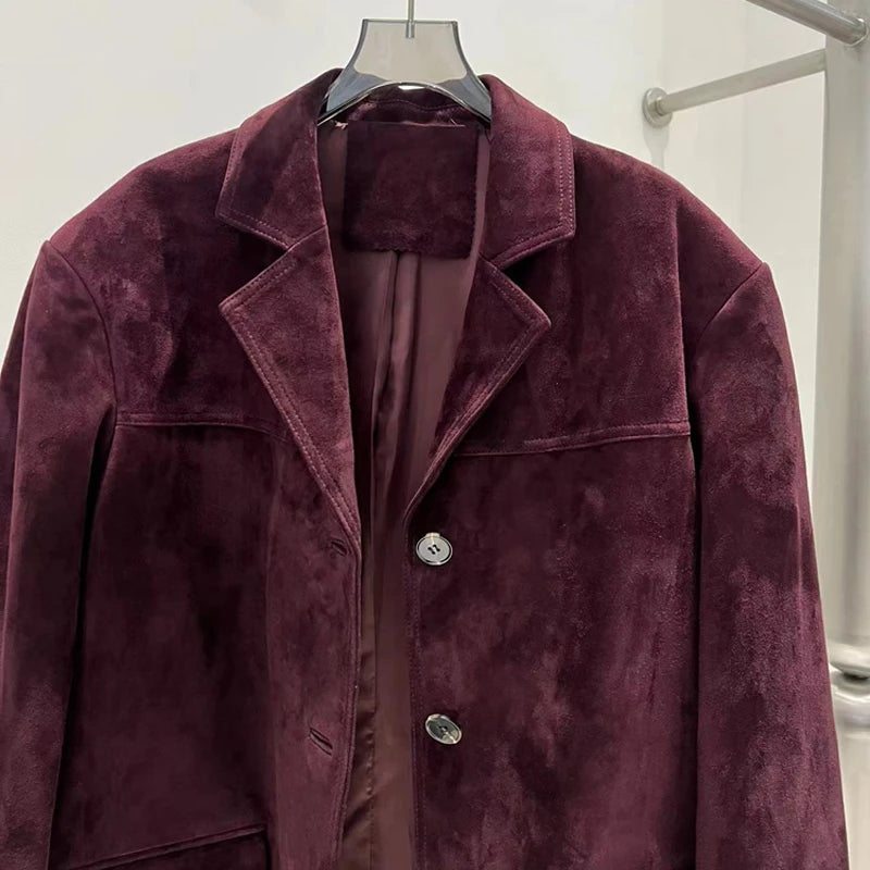 French High-end Western-style Leather Jacket for Women 2026 New Color Purple Red Oversized Casual Kid Suede Suit Blazer Outwears