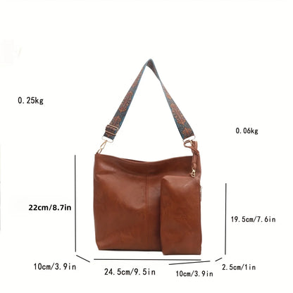 2-Piece Large Capacity Bohemian Wide Strap Soft PU Tote Bag, Shoulder & Handheld Bag, Ideal Birthday Gift